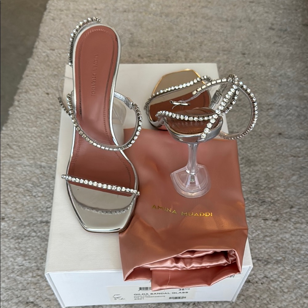 Amina Muaddi Gilda Silver Crystal Sandal Heels